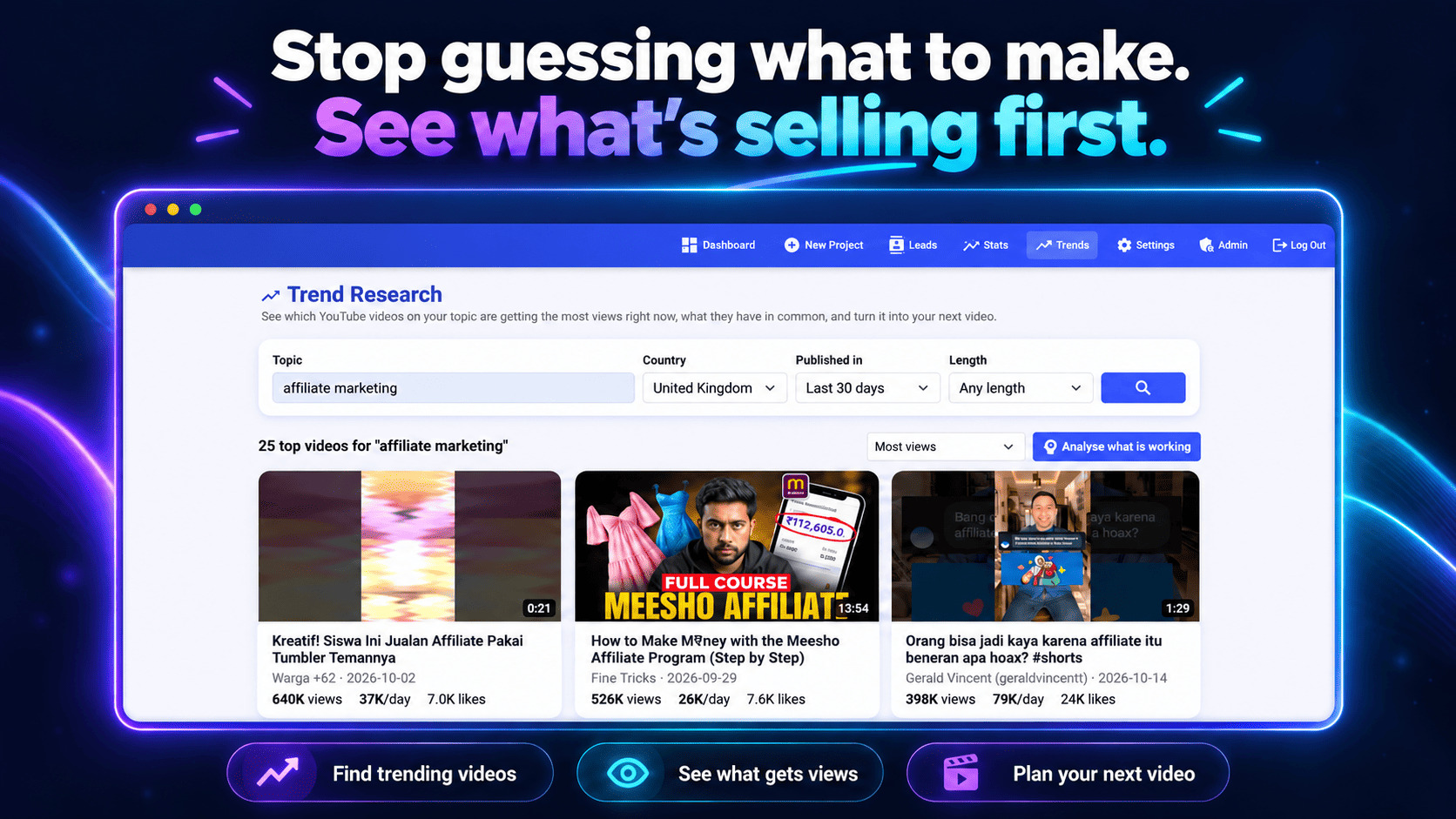 Trend Research showing the top YouTube videos for a topic with views, views per day and likes